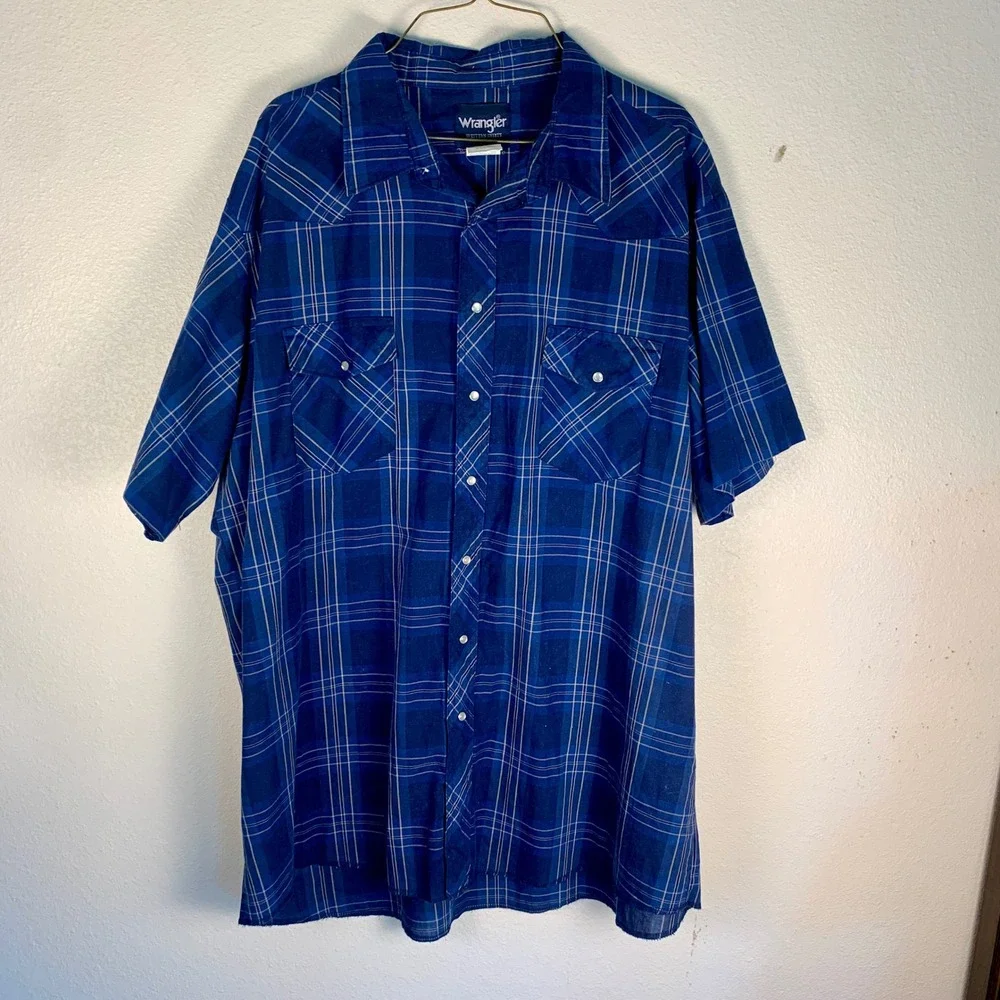Lot of 2 Wrangler‎ 2XLT Tall Pearl Snap Western Shirts Blue Plaid Short Sleeves